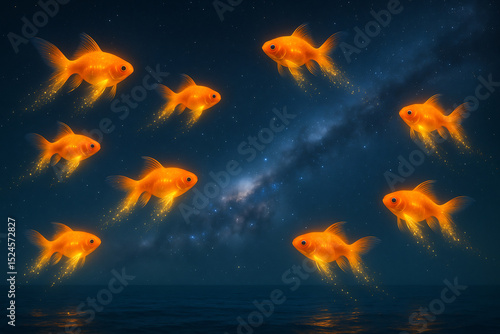 Glowing goldfish scattering stardust in a dreamy night sky over the ocean, Generative AI