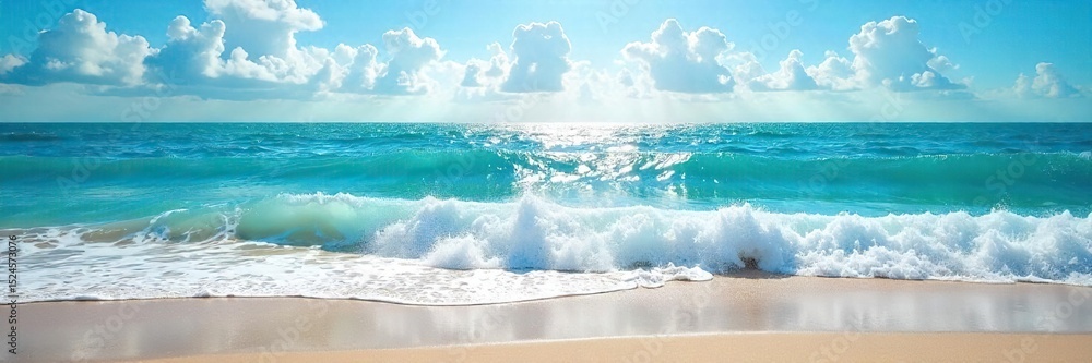 Obraz premium Ocean waves crashing on a sandy shore under a vibrant summer sky Perfect for travel, vacation, or summer themed projects The blue water sparkles in the sunlight , sun, horizon, sea