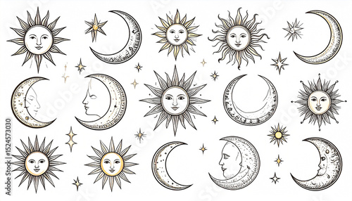A collection of celestial sun and moon illustrations in a vintage style, featuring detailed linework, faces, and stars on a white background
