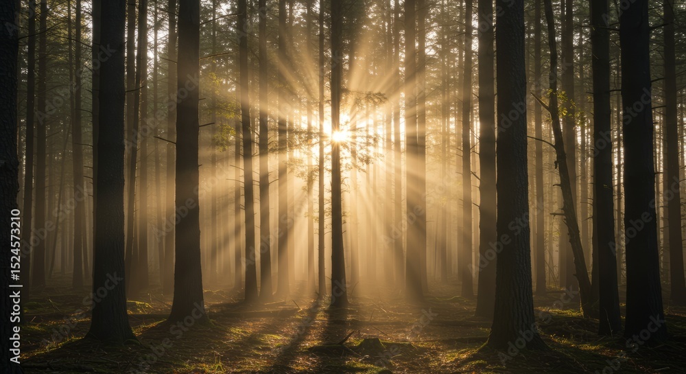 Obraz premium Sun Rays Shining Through Tall Trees in Forest