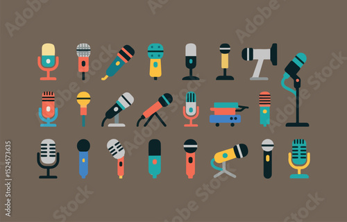 Collection of Colorful Flat Microphone Icons variety microphone designs flat style showcasing different shapes and colors represent