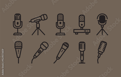Collection of Various Microphone Icons in a Flat Design Style Set different microphone types including dynamic condenser
