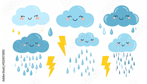 A collection of cute cartoon clouds, some raining, with happy faces and lightning bolts on a white background