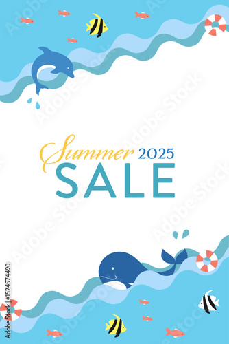ポップな海の仲間たちの背景素材 ( 夏　フレーム　見出し　タイトル　セール　イルカ　クジラ　波　うみ　なつ )	