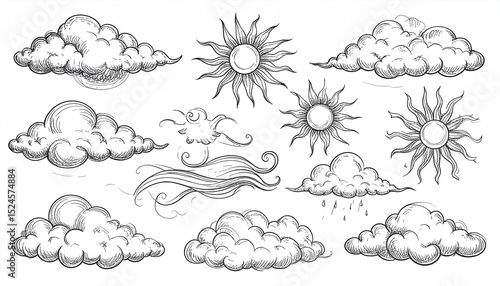 A collection of hand-drawn clouds, suns, and wind elements in a vintage, sketch-like style, featuring various cloud shapes, sunbursts, and wind swirls