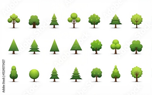 Collection of various green tree vector icon set on white background. High quality