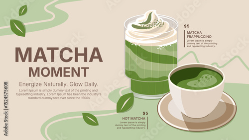 vector illustration of matcha frappe and hot matcha, cafe shop, background and banner template design, food and drink concept, poster and promotion