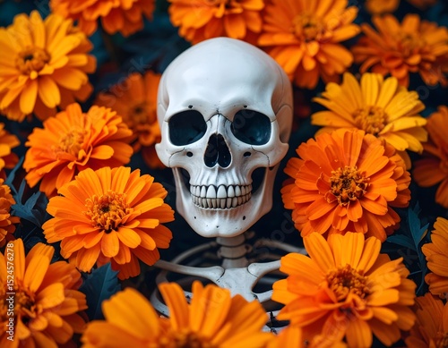 Spooky Skeleton Decoration Amidst Vibrant Orange Marigold Flowers for Halloween or Day of the Dead
