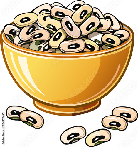 A bowl brimming with creamy white beans, artfully arranged. Several beans are seen scattered outside the bowl, adding to the appealing visual.