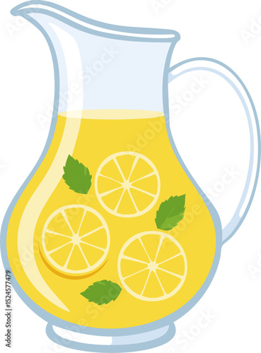 A refreshing pitcher of lemonade with lemon slices and mint leaves, perfect for a hot day. The bright yellow beverage looks inviting and refreshing.