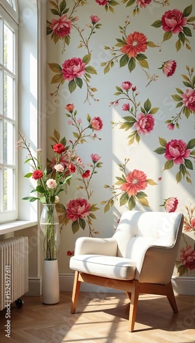 Elegant floral wallpaper adorns a sunlit interior, creating a vibrant and charming atmosphere Perfect for home decor, interior design, and spring themes , interior, nature