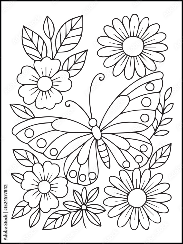 Obraz premium Bold and Easy Floral Coloring Page – Printable Line Art with Stars, butterflies, birds, and Flowers for Kids and Adults to relax and enjoy