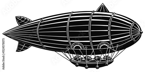 A monochrome illustration of a vintage blimp or dirigible, detailed with structural lines and passenger gondolas, in a classic black and white style.