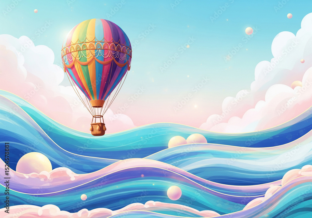 Fototapeta premium Vibrant rainbow hot air balloon floats above abstract blue waves and pastel spheres. Dreamy fantasy sky, adventure, travel, freedom, imagination, surreal landscape.