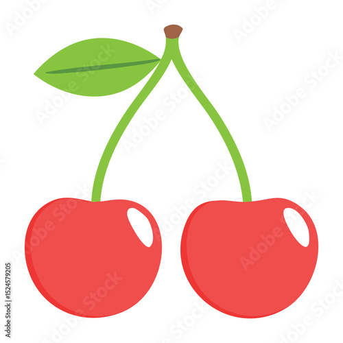 Two ripe cherries with stems and leaves