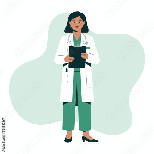 Confident female doctor holding clipboard medical professional healthcare worker wearing white coat green scrubs flat