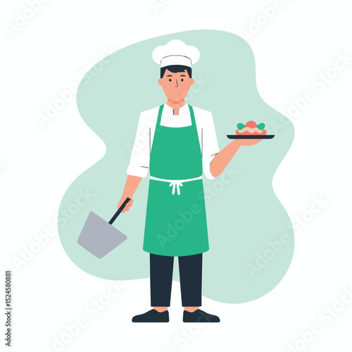 Professional male chef serving delicious food dish in restaurant kitchen man hat art cook meal flat plate apron green