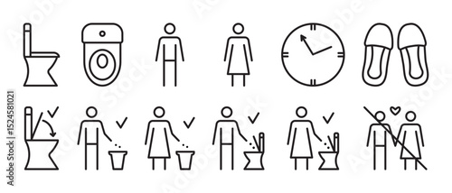 Black line icon set for public toilets, WC vector outline signs. Collection of monochrome pictograms for women and men restrooms, 12 editable stroke symbols