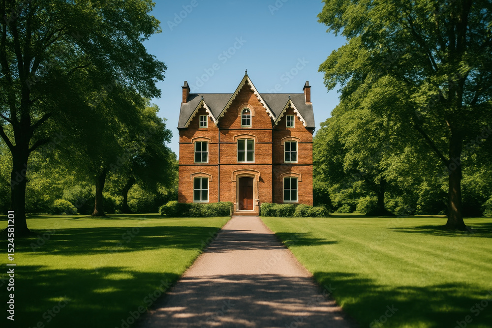 Fototapeta premium Elegant Victorian Brick Home Nestled Between Green Lawns And Tree Canopy On A Sunny Day