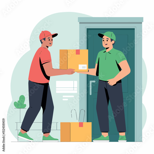 Fast delivery service man delivering package to customer home door box cap flat speed quick style happy online worker