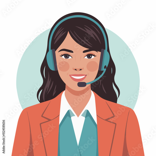 Smiling customer service representative wearing headset providing excellent support assistance help desk call icon team