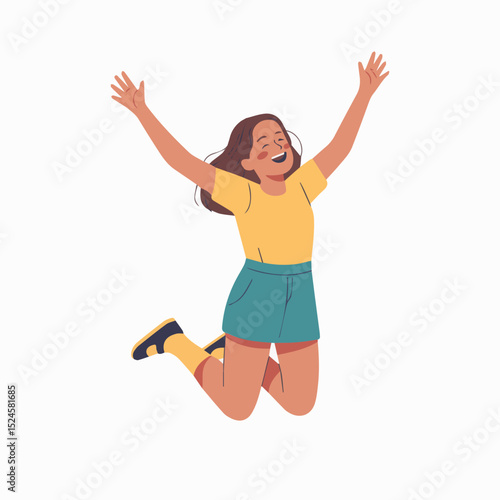 Happy girl jumping joyfully with arms raised high in the air celebrating success and freedom fun teal blue youth child