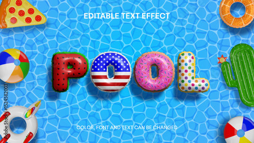 pool party 3d infalted editable text effect on pool water background with colorful inflatables. 3d text with watermelon, american flag, donut and colorful texturedots 
