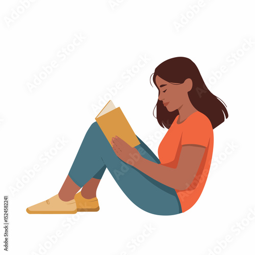 Young woman reading a book while sitting on the floor relaxed peaceful pose art girl home flat calm blue study style