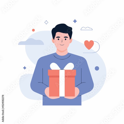 Happy smiling man holding a beautiful gift box present surprise romantic love valentines day celebration illustration