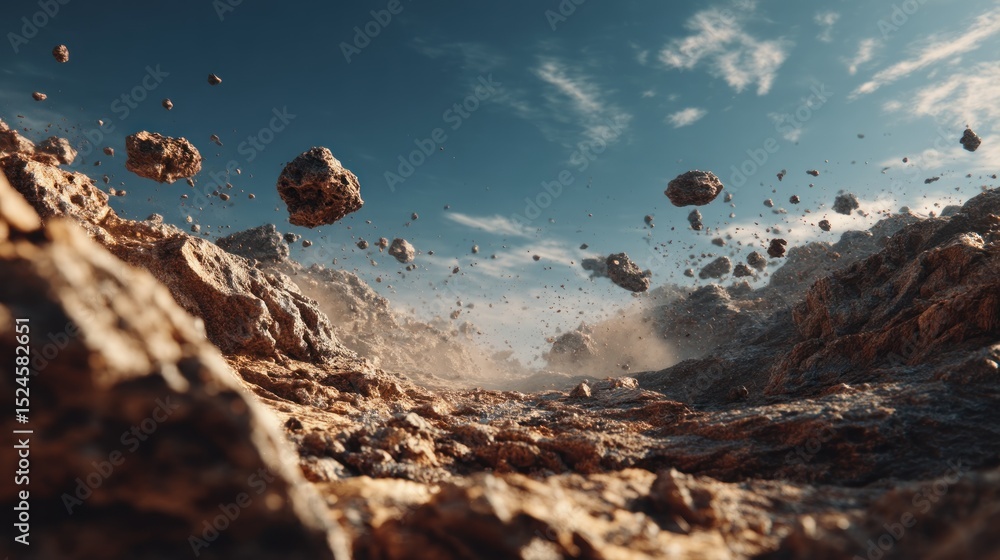 Obraz premium Chaotic celestial landscape featuring levitating rocks against cloudy sky
