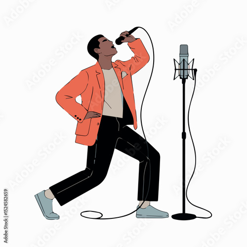 Stylish male singer performing energetic song with microphone studio recording session red man cool vibe pose music vocal