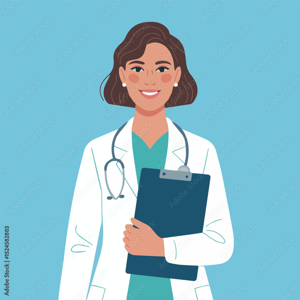 Smiling female doctor holding clipboard wearing white coat medical professional healthcare illustration icon flat blue Smiling female doctor holding clipboard wearing white coat medical professional healthcare illustration icon flat blue