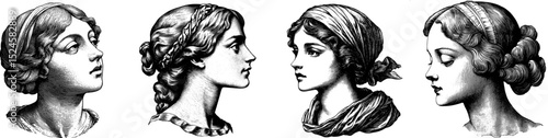 Medieval woodcut vector lady face hand drawn black transparent vintage sketch