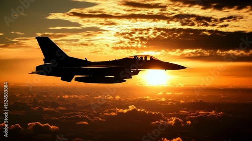 Spectacular silhouette of an F-16 fighter jet flying above the clouds at sunset