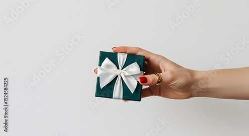 Hand holding a small emerald green gift box with white bow