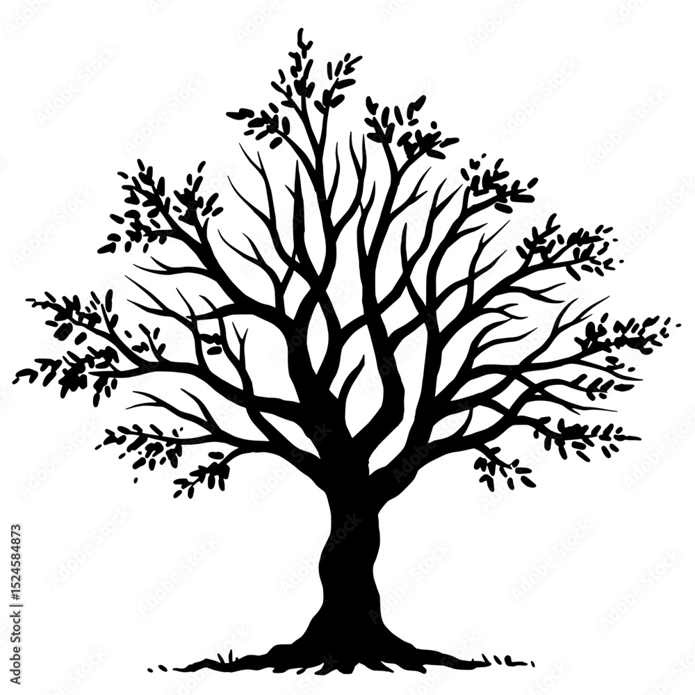 Fototapeta premium Tree Silhouette: A stark silhouette of a majestic tree, its branches reaching skyward with intricate detail, stands against a background, embodying strength and resilience in this graphic design.