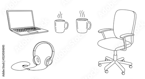Workspace Essentials: A minimalist illustration of workspace essentials, a laptop, mug, headphones and office chair. creating a serene yet functional office environment.