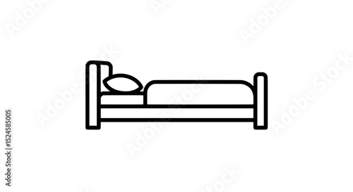 Simple Bed Icon: A minimalist line drawing of a single bed with pillows and bedding. Perfect for website design, app icons, or presentations related to sleep, rest, or hospitality.