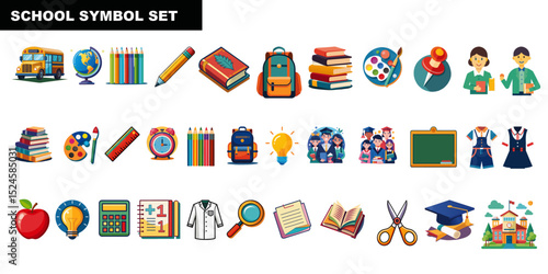 Colorful School Icon Set with Educational Elements and Supplies.