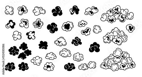 Popcorn Variety: A monochrome display showcases an array of popcorn, capturing a simple but delicious snack, in various forms from fluffy to dense, each kernel a testament to the perfect snack time.