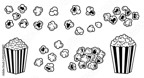 Popcorn Collection: A delightful collection of hand-drawn popcorn illustrations, showcasing various sizes and arrangements of popcorn kernels in and out of striped containers.