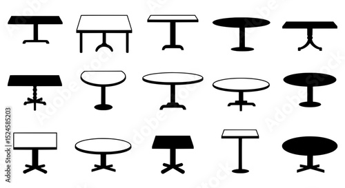Table Design Variations: A collection of distinct table designs in a minimalist, black and white aesthetic. The assortment showcases a spectrum of shapes, sizes.