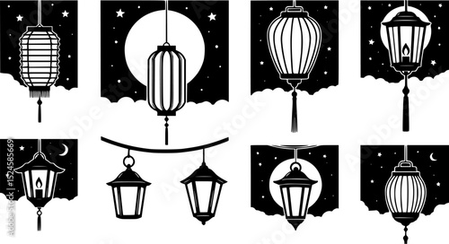 Silhouette of lanterns under the moonlit night sky