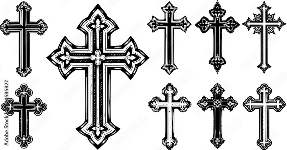 Fototapeta premium Ornate gothic cross with pointed edges in black ink