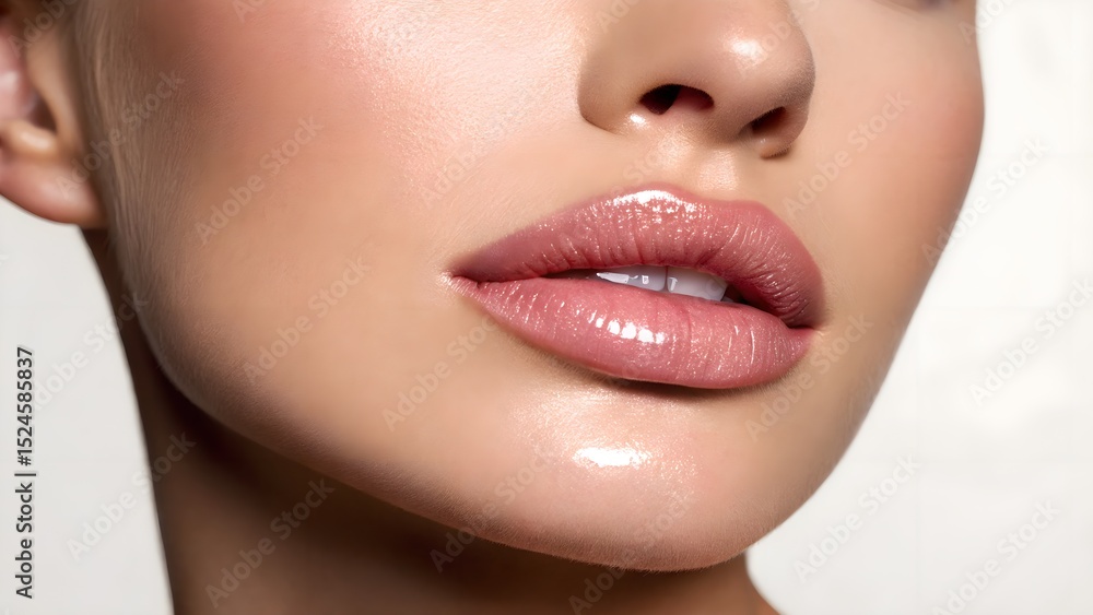 Fototapeta premium Detailed close-up of lips featuring a digital gloss effect, set against a neutral background to illustrate the intersection of beauty and technological advancement.
