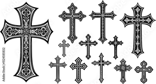 Ornate gothic cross with pointed edges in black ink