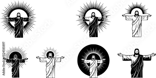 Jesus christ with arms outstretched and sun behind