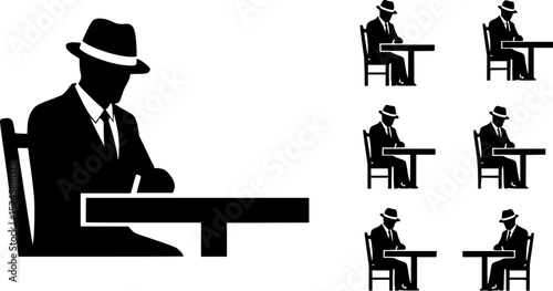 Silhouette of a man in a suit and fedora at table