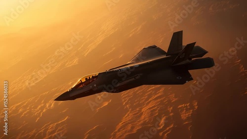 F-35 Lightning II fighter jet soars through golden skies, a powerful symbol of aviation