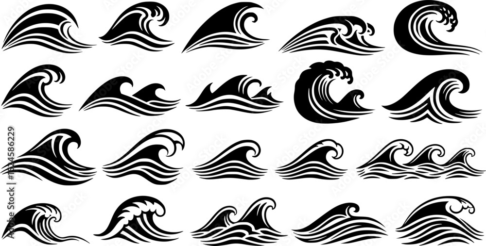Fototapeta premium Four stylized black water wave illustrations set vector,